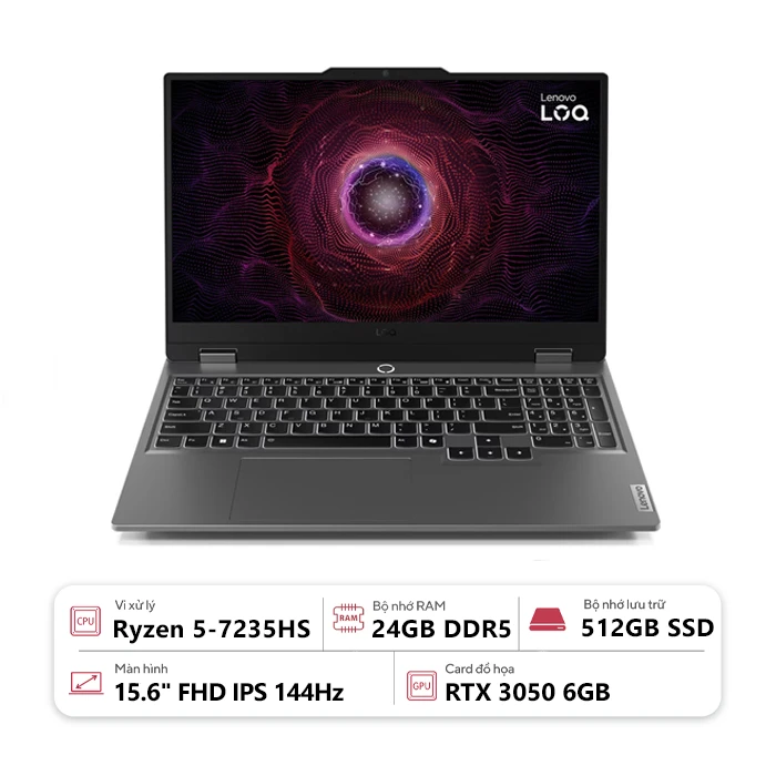 Laptop Lenovo LOQ 15ARP9 83JC007JVN (AMD Ryzen 5-7235HS/ 24GB/ 512GB/ RTX 3050 6GB/ 15.6" FHD/ Win 11/ Xám)