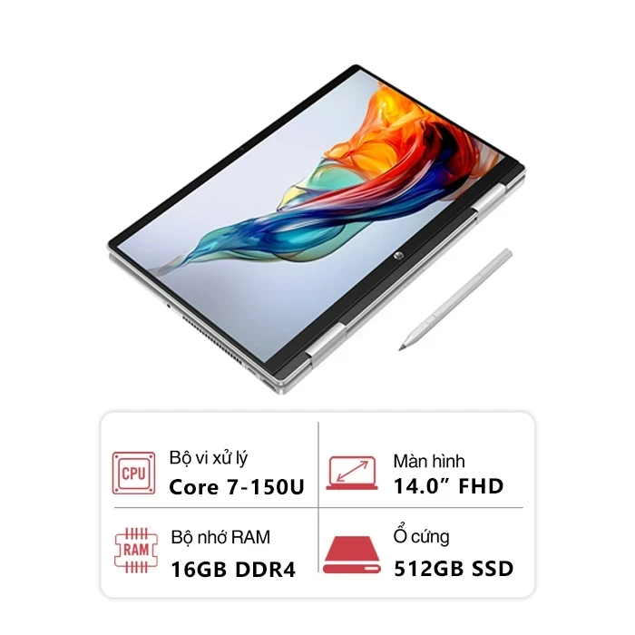 Laptop HP Pavilion X360 14-ek2013TU 9Z2V4PA (Core 7-150U/ 16GB/ 512GB/ Intel Graphics/ 14 inch FHD/ Cảm ứng/ Win 11/ Bạc)