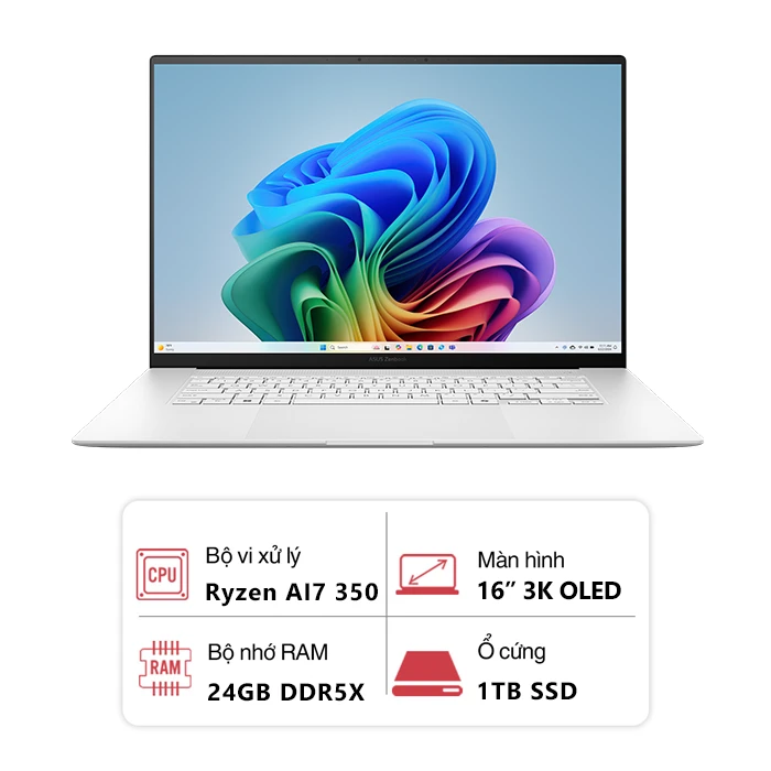 Laptop Asus Zenbook 16 OLED UM5606KA-RK127WS (AMD Ryzen AI 7 350/ 24GB/ 1TB/ 16 inch 3K OLED/ Win 11SL/ Trắng)