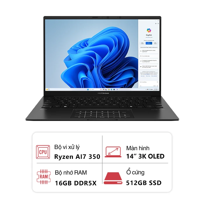 Laptop Asus Zenbook 14 OLED UM3406KA-PP113WS (AMD Ryzen AI 7 350/ 16GB/ 512GB/ AMD Radeon Graphics/ 14 inch 3K OLED 120 Hz/ Win 11SL/ Đen)