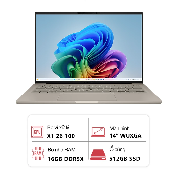 Laptop Asus Zenbook A14 UX3407QA-QD299WS (Snapdragon X X1 26 100/ 16GB/ 512GB/ 14 inch WUXGA OLED/ Win 11SL/ Be)