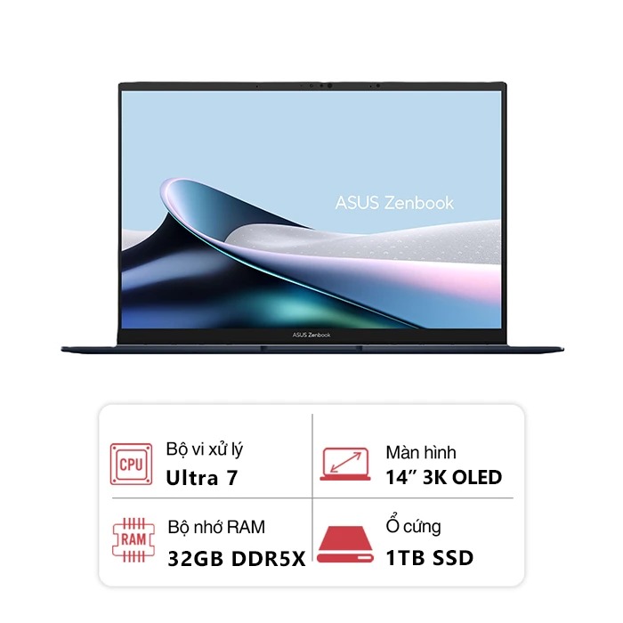 Laptop Asus Zenbook 14 OLED UX3405CA-PZ188WS (Intel Core Ultra 7 255H/ 32GB/ 1TB/ Intel Arc/ 14 inch 3K OLED 120 Hz/ Win 11SL/ Pen/ Xanh)