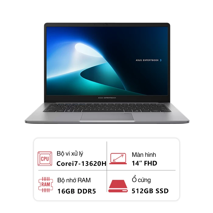 Laptop Asus ExpertBook P1403CVA-I716-63WS (Intel Core i7-13620H/ 16GB/ 512GB/ Intel UHD/ 14 inch FHD/ Office/ Win 11/ Xám)