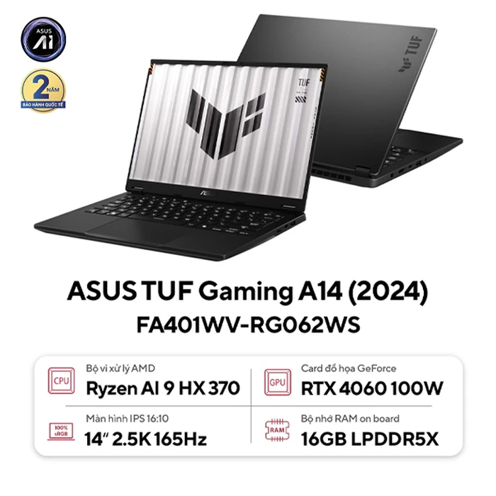 Laptop ASUS TUF Gaming A14 FA401WV-RG062WS (AMD Ryzen AI 9 HX 370/ 16GB/ 1TB/ RTX 4060/ 14 inch 2.5K 165Hz/ Win 11/ Xám)